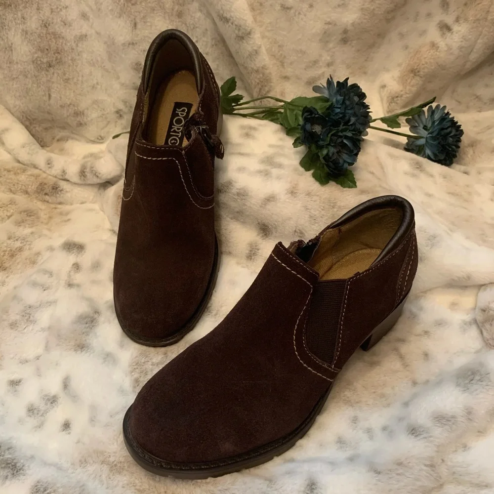 Sporto Annie Suede Ankle Boots Low Cut Booties Brown Interior Zip Chunky Heel